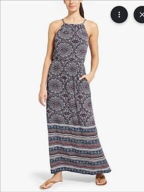 Athleta Island Life Halter Navy/Burgundy Printed Spaghetti-Strap Maxi Dress